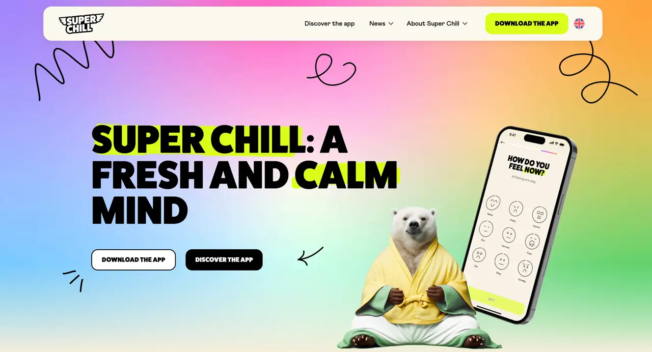 Секция «Первый экран» с сайта https://superchill.org/en/, тематика — Образование, цвета — Белый, Серый, Желтый, стиль — Анимационный, типографика — Без засечек, Декоративные