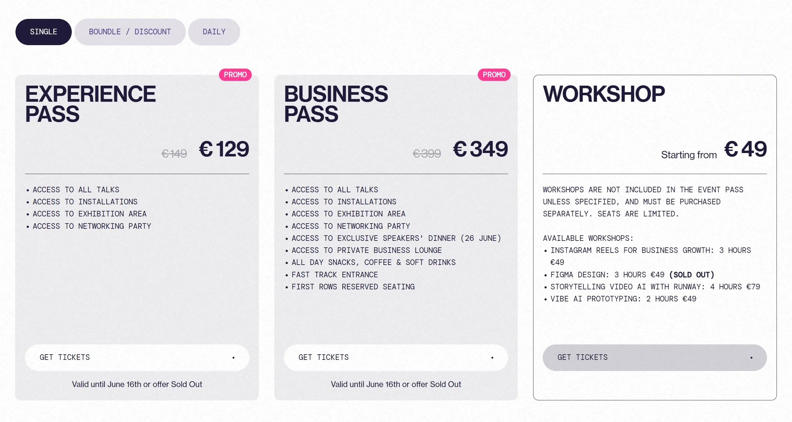 Digital Design Days Секция «Цены» с сайта https://palermo.ddd.live/, тематика — Мероприятия, цвета — Белый, стиль — Корпоративный, Минимализм, типографика — Без засечек, Моноширинные