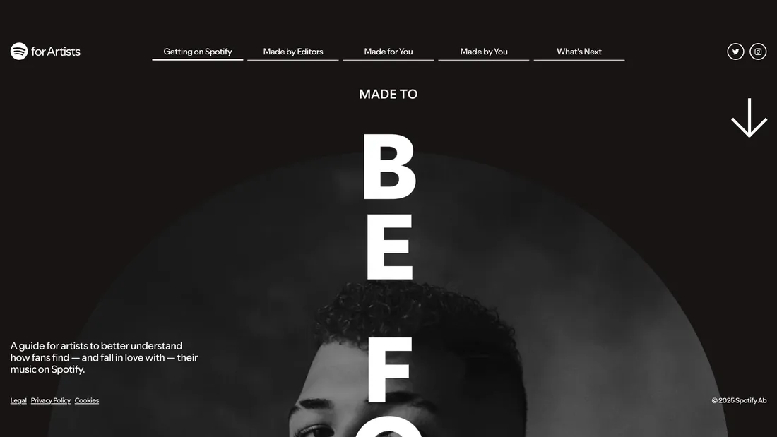 Секция «Первый экран» с сайта https://found.byspotify.com/, тематика — Музыка, цвета — Черный, стиль — Минимализм, Типографика, типографика — Без засечек