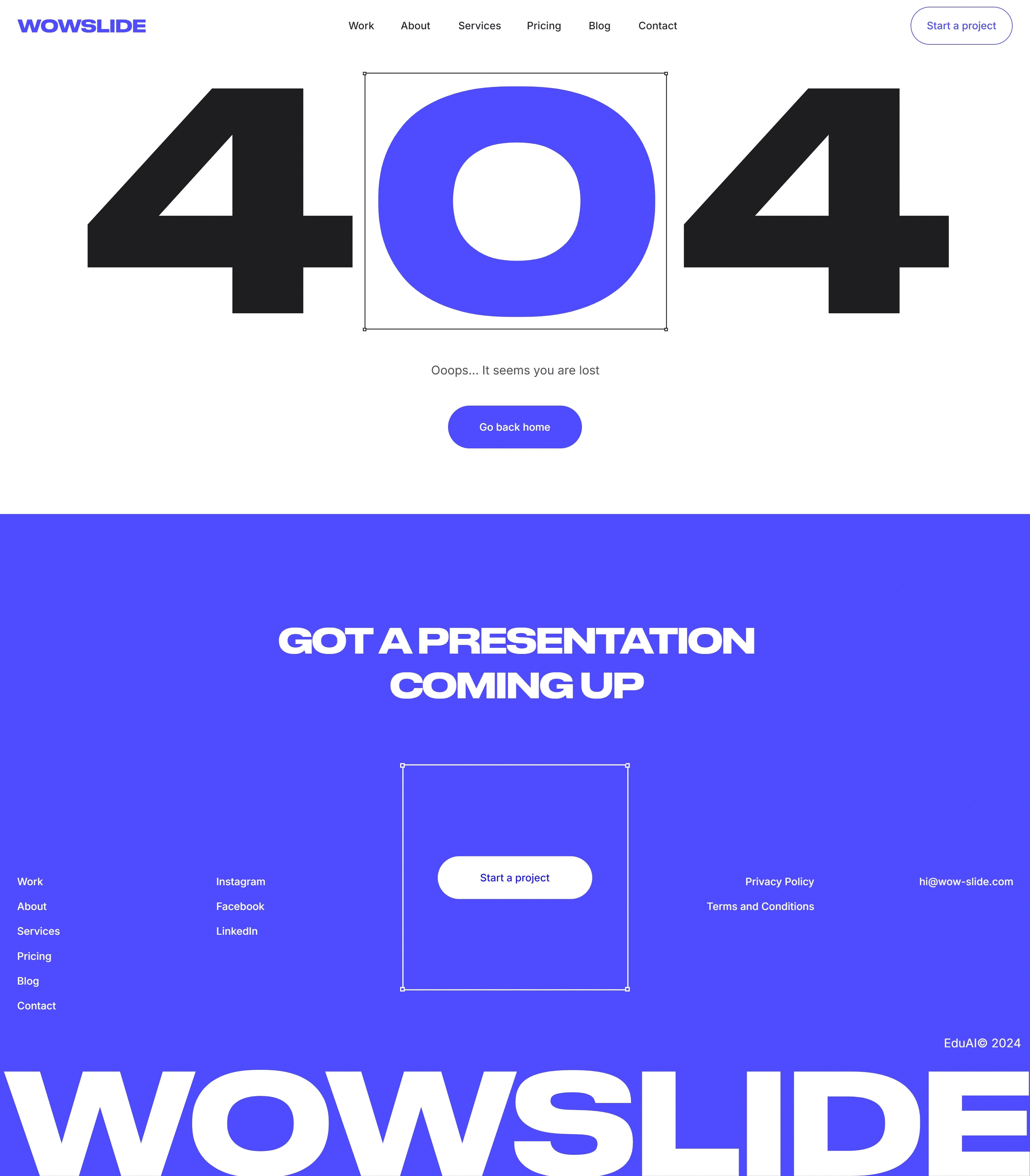 WOWSLIDE 404-страница WOWSLIDE, тематика — Агентство , цвета — Белый, Фиолетовый, стиль — Корпоративный, Минимализм, типографика — Без засечек