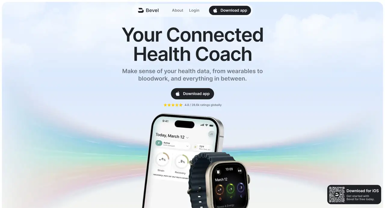 Секция «Первый экран» с сайта https://www.bevel.health/?r=0, тематика — Здоровье и фитнес, цвета — Белый, стиль — Корпоративный, Минимализм, типографика — Без засечек