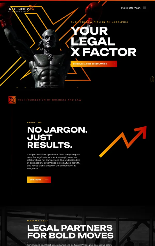 Лендинг AttorneyX, тематика — Бизнес и профессиональные услуги, цвета — Черный, стиль — Корпоративный, Минимализм, типографика — Без засечек