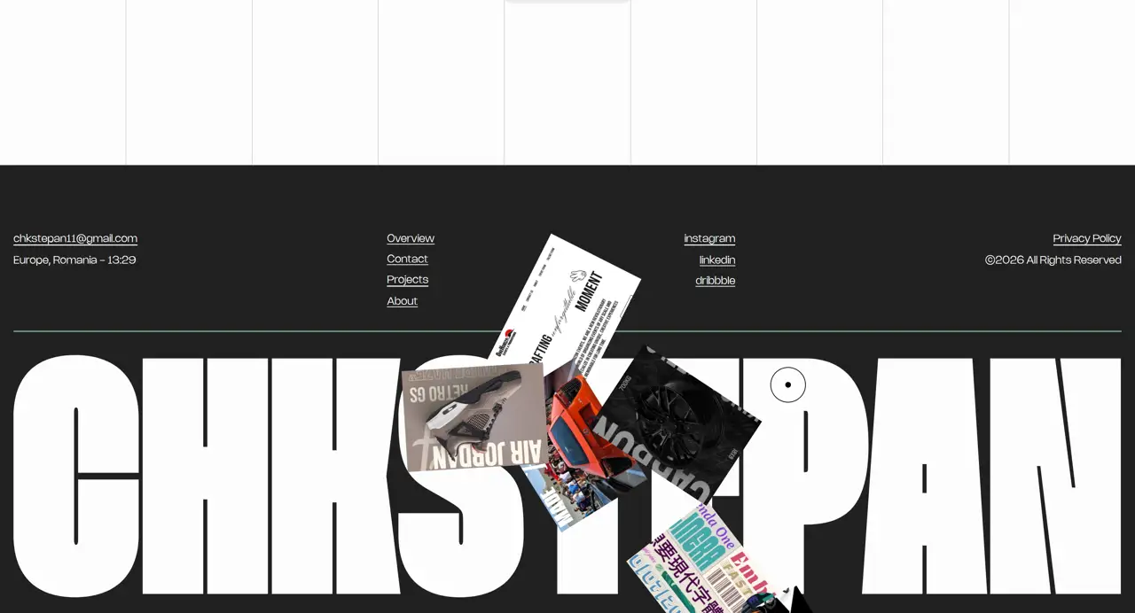 Секция «Футер» с сайта https://chkstepan.com/, тематика — IT и программное обеспечение, цвета — Белый, Черный, Серый, стиль — Минимализм, Брутализм, типографика — Без засечек, Декоративные