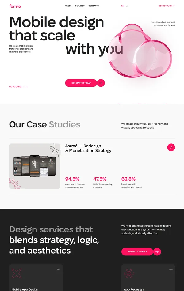 Лендинг Formio, тематика — Дизайн, цвета — Белый, Черный, стиль — Фестивальный, типографика — Без засечек