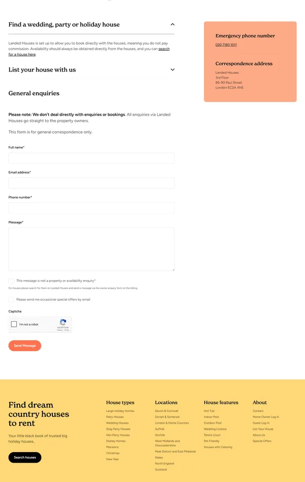 Контакты Landed Houses, тематика — Путешествия и туризм, цвета — Белый, Желтый, стиль — Корпоративный, типографика — Без засечек, С засечками