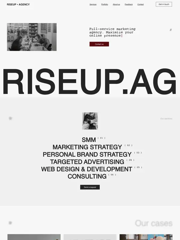 Главная RISEUP AGENCY, тематика — Агентство , цвета — Белый, Серый, стиль — Корпоративный, Минимализм, типографика — Без засечек