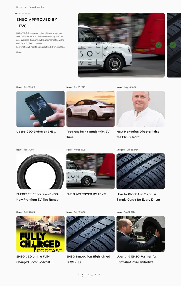Секция «Новости» с сайта https://www.ensotyres.com/en-US, тематика — Производство, цвета — Белый, Черный, Серый, стиль — Корпоративный, Минимализм, типографика — Без засечек