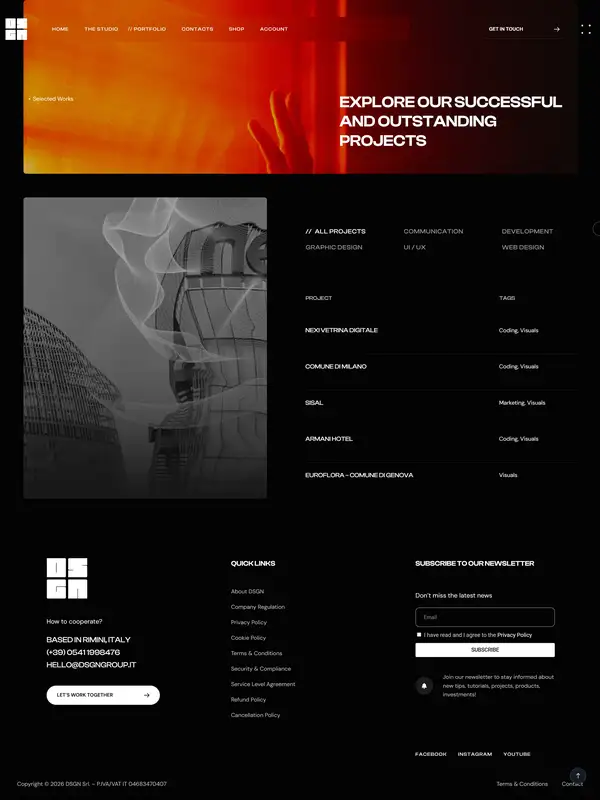 Портфолио DSGN Group, тематика — Дизайн, цвета — Черный, стиль — Минимализм, Брутализм, типографика — Без засечек, Декоративные