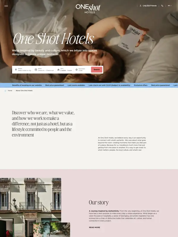 Страница о компании One Shot Hotels, тематика — Размещение, цвета — Белый, Серый, стиль — Классический, Корпоративный, Минимализм, типографика — С засечками, Без засечек
