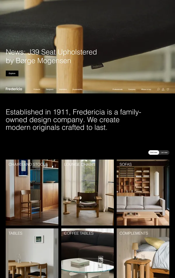 Главная Fredericia, тематика — Дизайн, цвета — Белый, Черный, Серый, стиль — Корпоративный, Минимализм, типографика — Без засечек