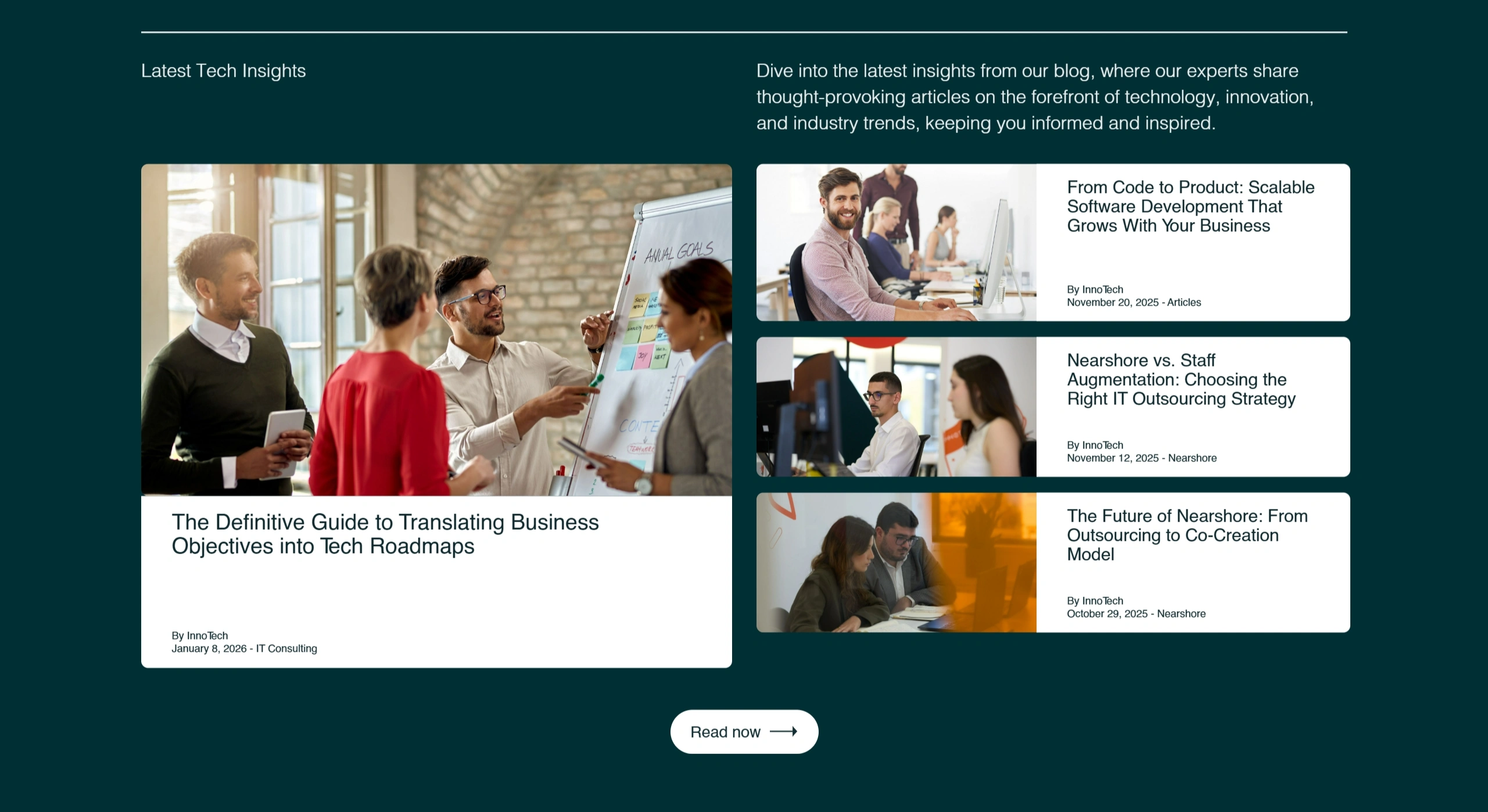 InnoTech Секция «Блог» с сайта https://innotech.pt/, тематика — IT и программное обеспечение, цвета — Белый, Черный, Серый, стиль — Корпоративный, Карточный, типографика — Без засечек