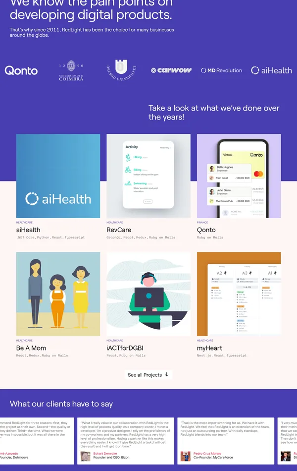 Портфолио RedLight, тематика — IT и программное обеспечение, цвета — Белый, Серый, Фиолетовый, стиль — Корпоративный, типографика — Без засечек