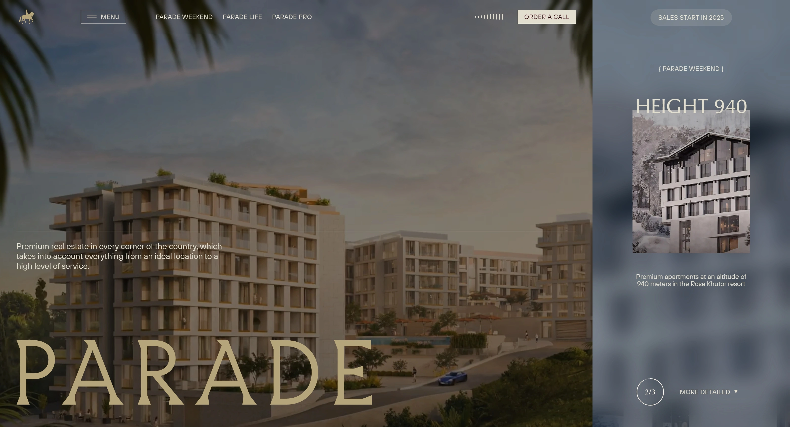 PARADE Секция «Первый экран» с сайта https://paradegroup.ru/, тематика — Недвижимость, цвета — Черный, Серый, Коричневый, стиль — Корпоративный, Минимализм, типографика — Без засечек