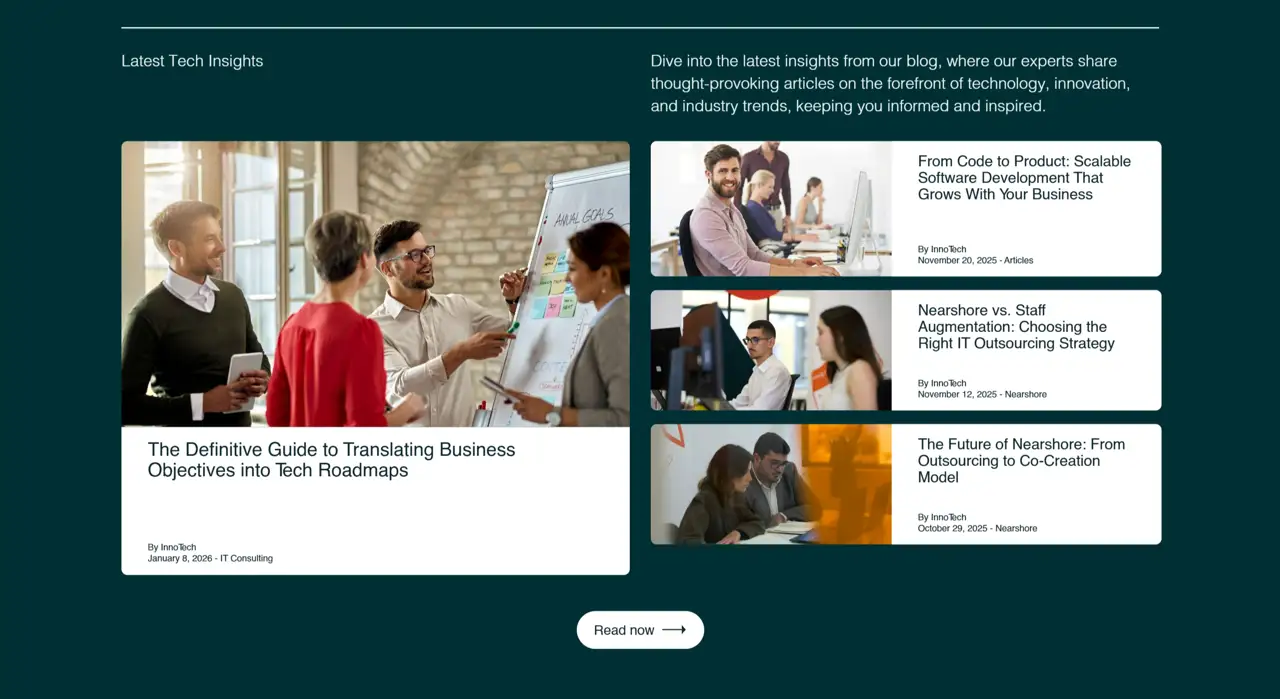 Секция «Блог» с сайта https://innotech.pt/, тематика — IT и программное обеспечение, цвета — Белый, Черный, Серый, стиль — Корпоративный, Карточный, типографика — Без засечек