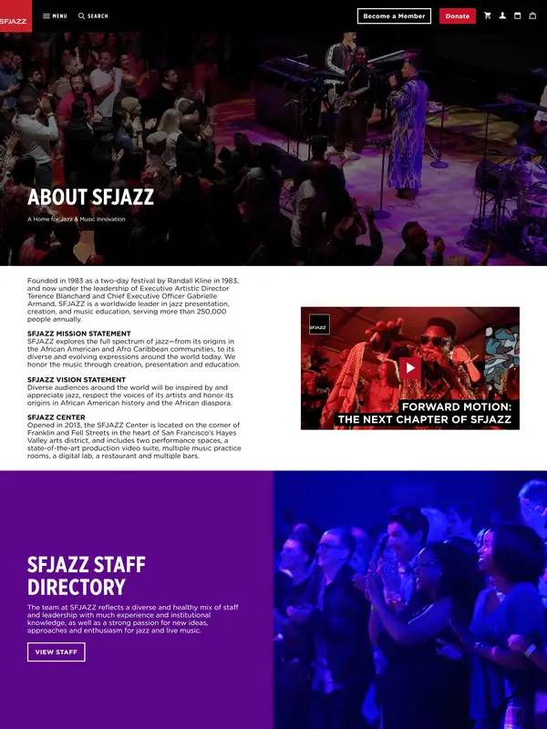 Страница о компании SFJAZZ, тематика — Некоммерческая деятельность, цвета — Черный, Серый, Синий, стиль — Корпоративный, Минимализм, типографика — Без засечек