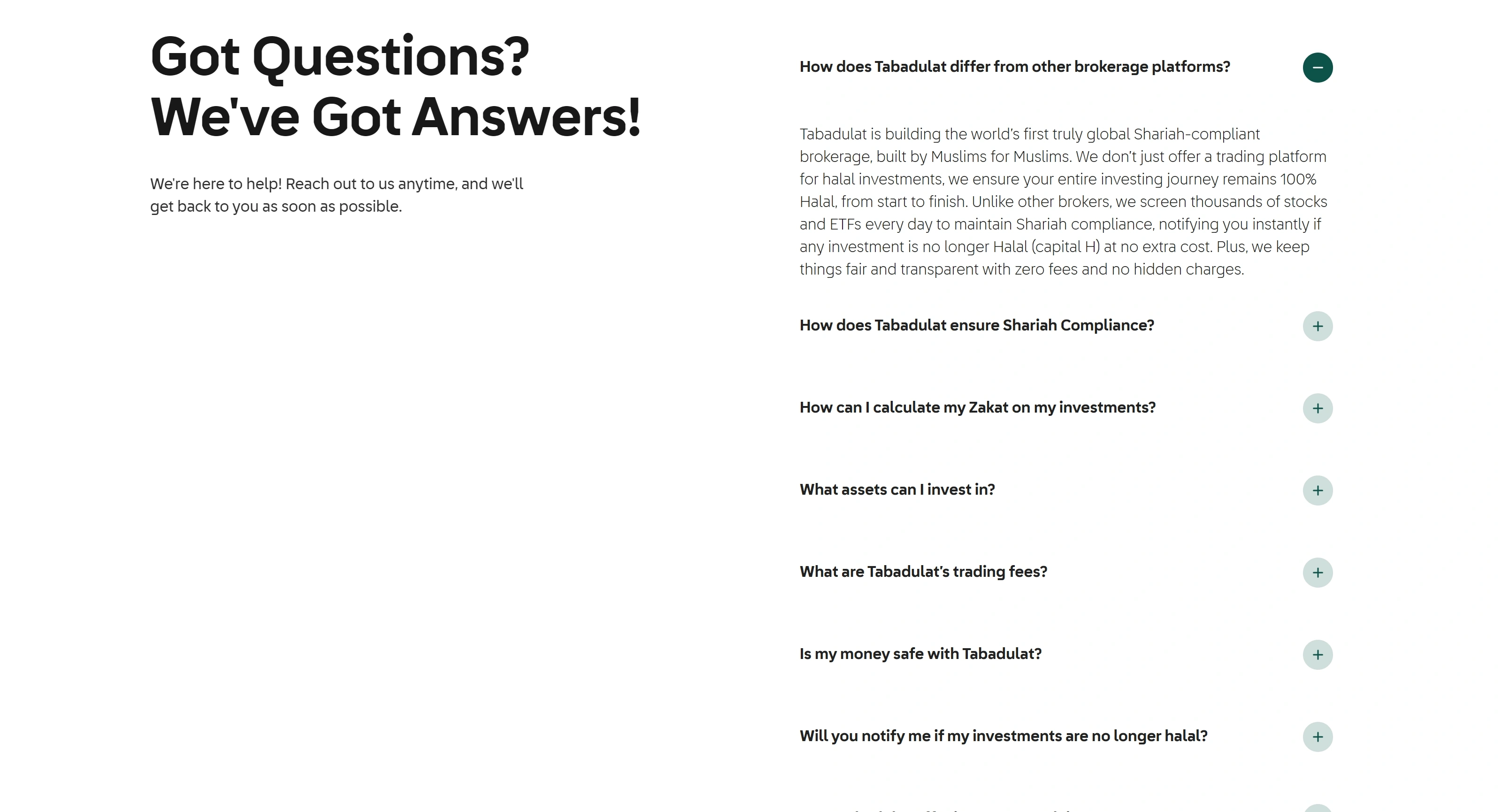 Tabadulat Секция «FAQ» с сайта https://tabadulat.com/, тематика — Финансы, цвета — Белый, Серый, стиль — Корпоративный, Минимализм, типографика — Без засечек