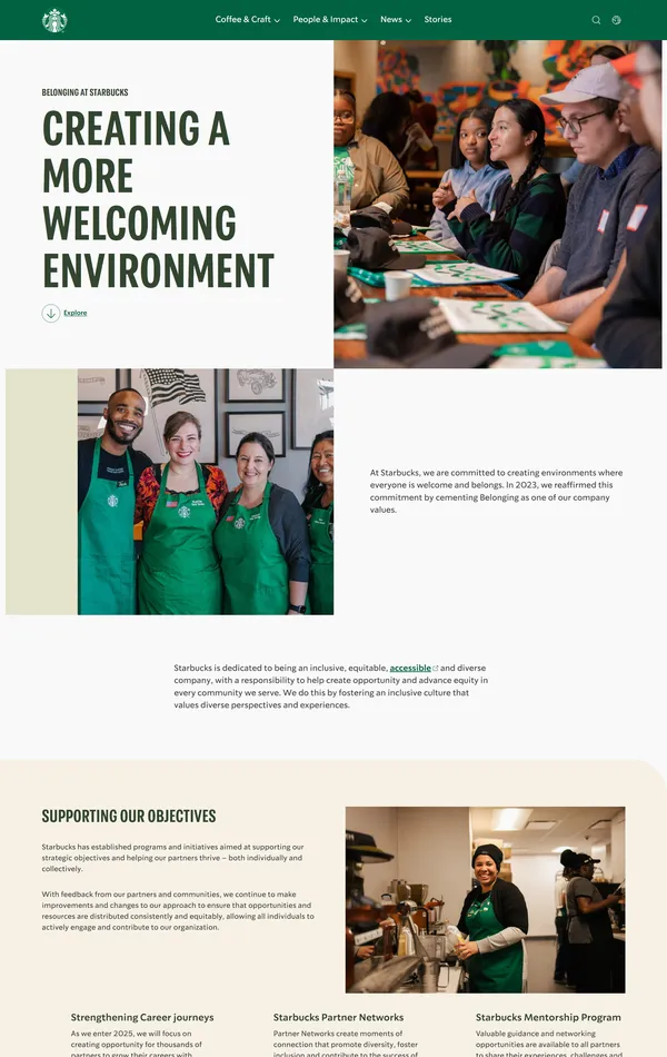 Страница о компании Starbucks, тематика — Еда и напитки, цвета — Белый, Серый, стиль — Корпоративный, типографика — Без засечек