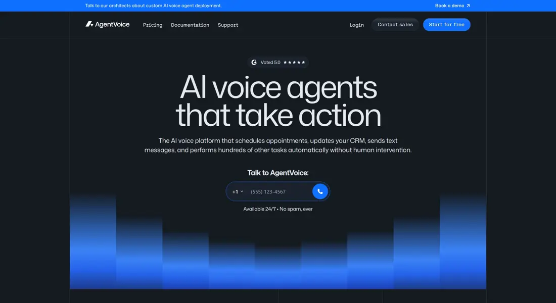 Секция «Призыв к действию» с сайта https://www.agentvoice.com/, тематика — IT и программное обеспечение, цвета — Черный, Синий, стиль — Корпоративный, Минимализм, типографика — Без засечек