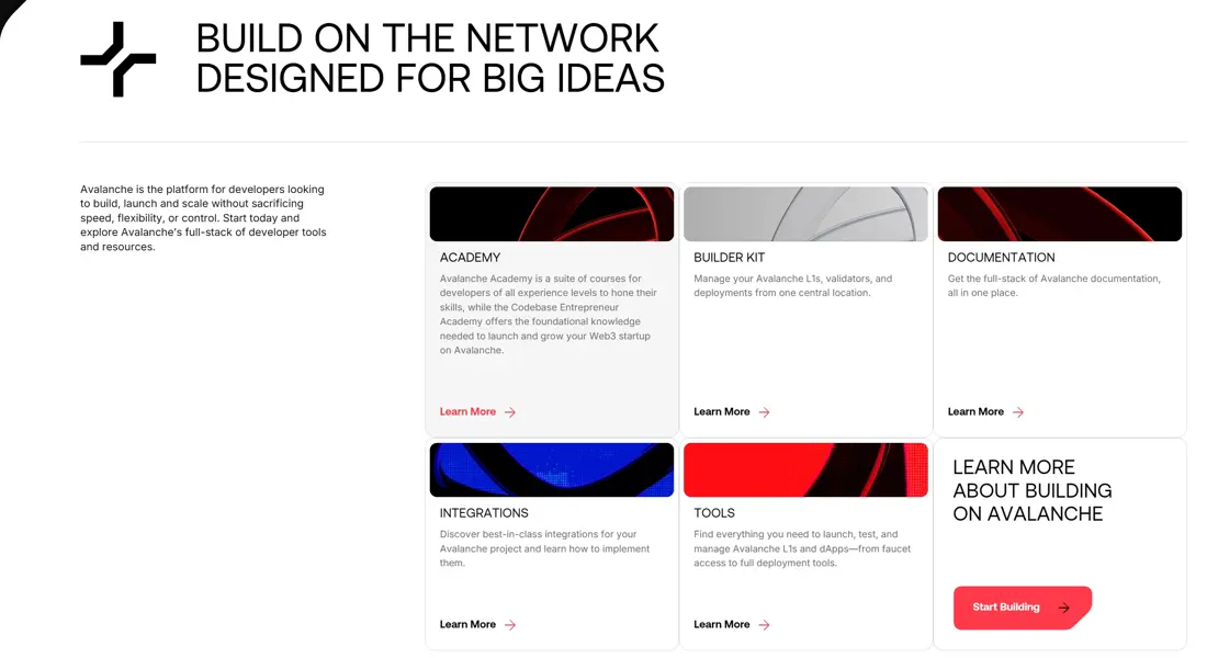 Секция «Призыв к действию» с сайта https://www.avax.network/, тематика — Крипто  и блокчейн, цвета — Белый, стиль — Минимализм, типографика — Без засечек