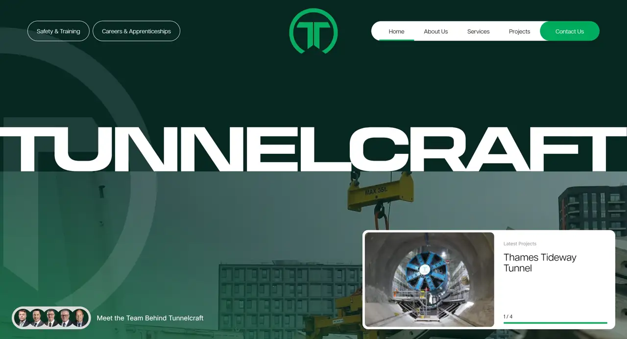 Секция «Первый экран» с сайта https://tunnelcraft.co.uk/, тематика — Строительство, цвета — Черный, Серый, Зеленый, стиль — Корпоративный, Минимализм, типографика — Без засечек, Декоративные
