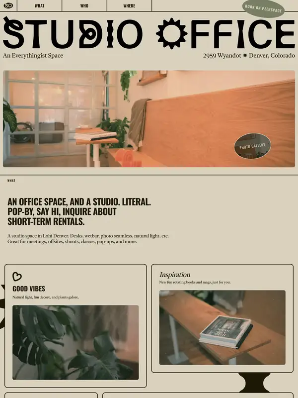 Лендинг Studio Office, тематика — Агентство , цвета — Белый, Серый, стиль — Брутализм, Ретро, Органический и природный, типографика — С засечками, Декоративные