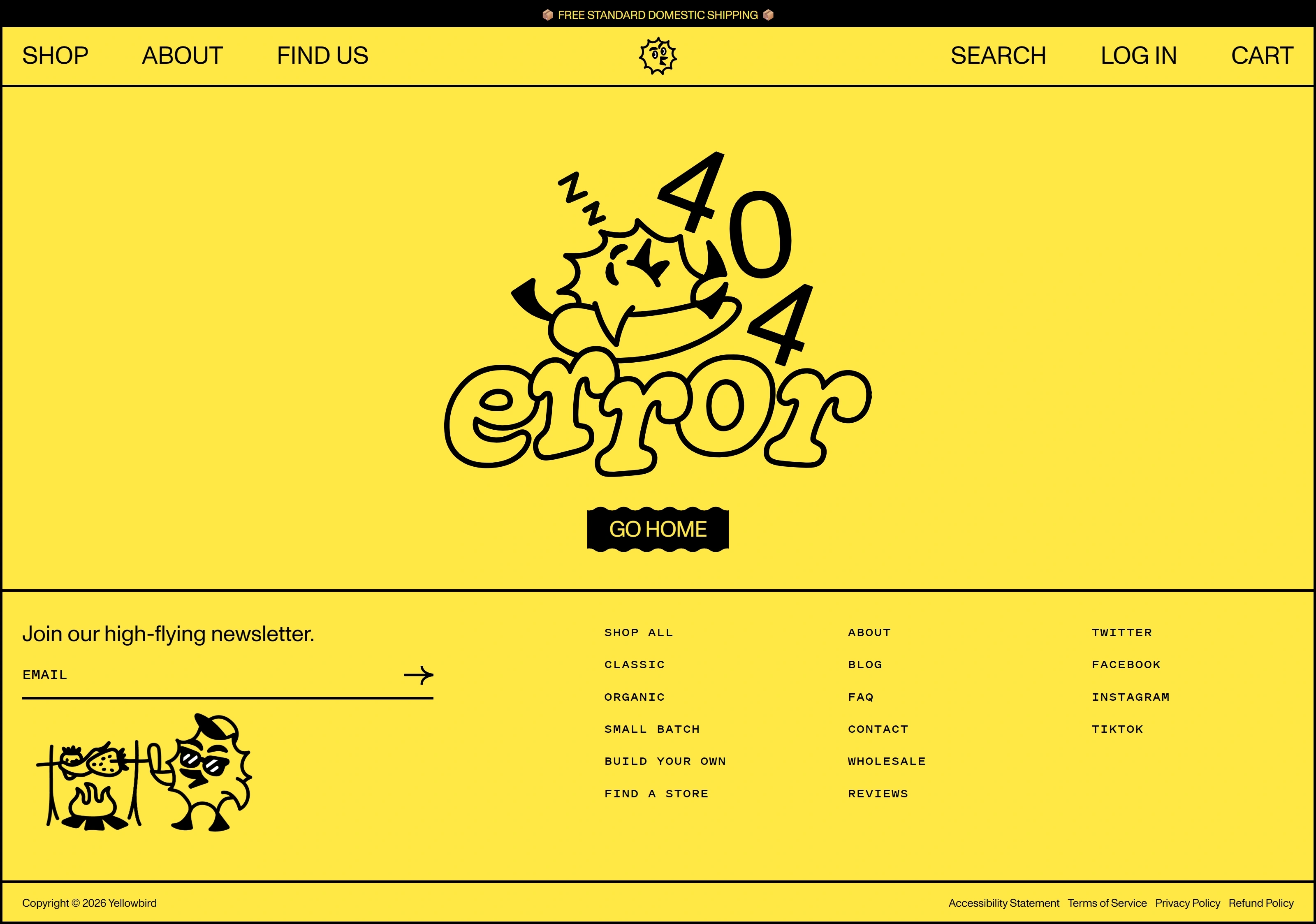 Yellowbird 404-страница Yellowbird, тематика — Еда и напитки, цвета — Желтый, стиль — Брутализм, типографика — Декоративные