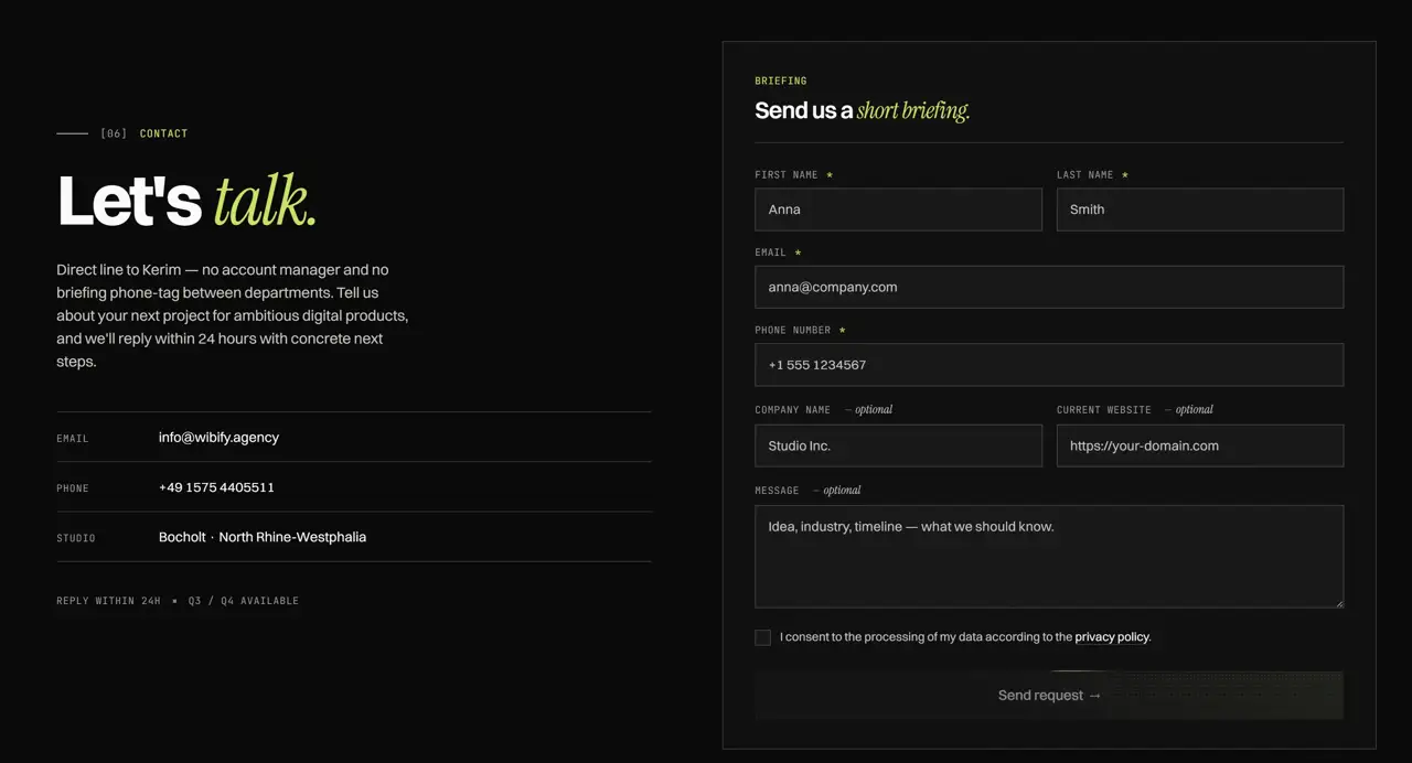 Секция «Контакты» с сайта https://wibify.agency/en, тематика — Агентство , цвета — Черный, стиль — Корпоративный, Минимализм, типографика — Без засечек, Декоративные