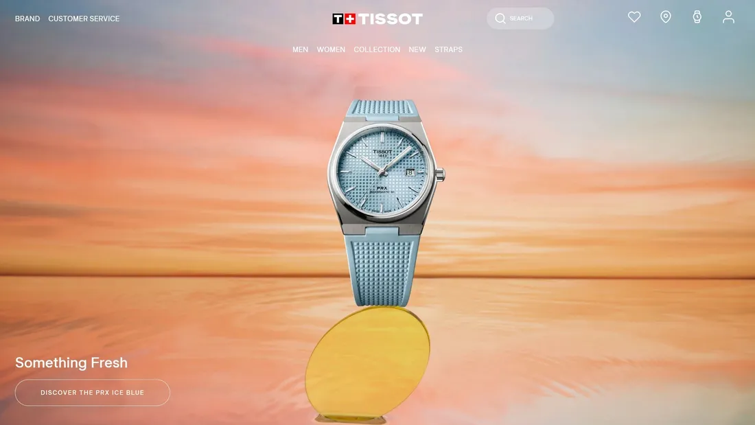 Секция «Первый экран» с сайта https://www.tissotwatches.com/en-en, тематика — Продукт, цвета — Белый, Серый, Желтый, Розовый, стиль — Корпоративный, типографика — Без засечек