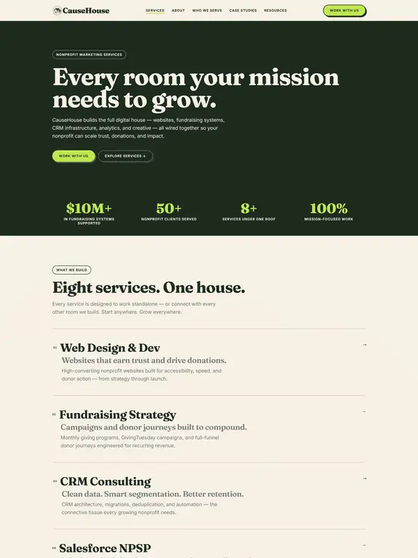 Услуги CauseHouse, тематика — Некоммерческая деятельность, цвета — Белый, Черный, стиль — Карточный, типографика — Без засечек