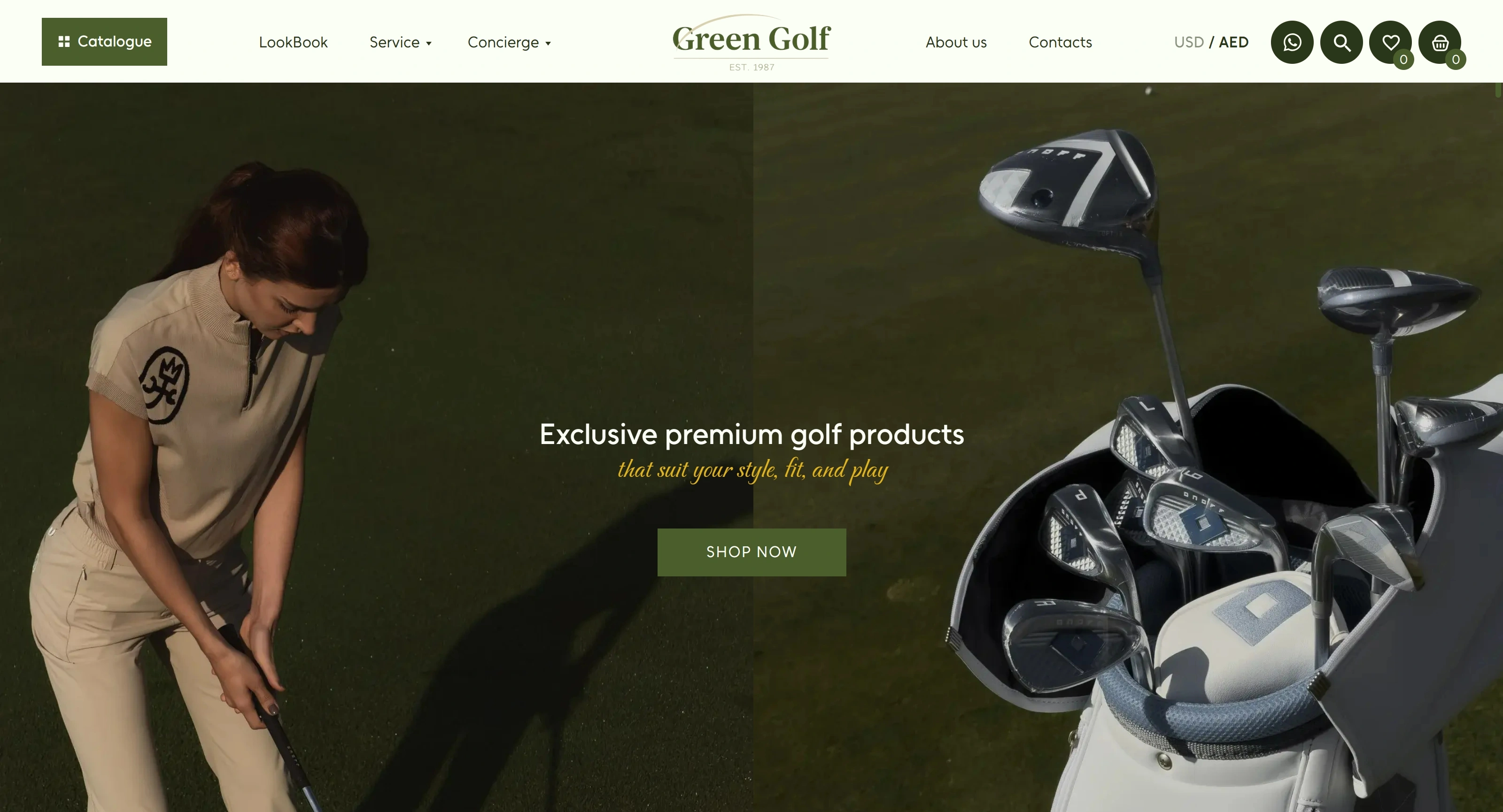 GreenGolf Секция «Первый экран» с сайта https://greengolf.ae/, тематика — Интернет-магазин, цвета — Черный, Серый, стиль — Минимализм, Органический и природный, типографика — Без засечек