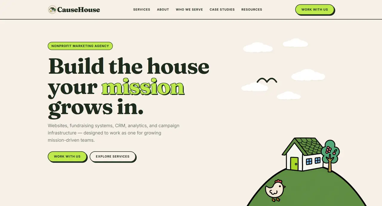 Секция «Первый экран» с сайта https://www.causehouse.co/, тематика — Некоммерческая деятельность, цвета — Бежевый, стиль — Рисованный, Органический и природный, типографика — Без засечек, Декоративные