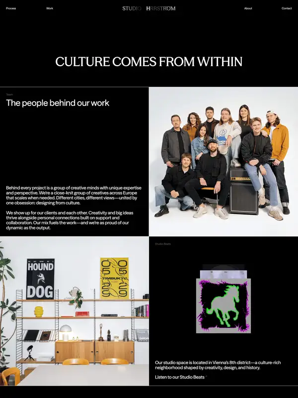 Страница о компании STUDIO HERRSTRÖM, тематика — Дизайн, цвета — Черный, стиль — Корпоративный, Минимализм, типографика — Без засечек