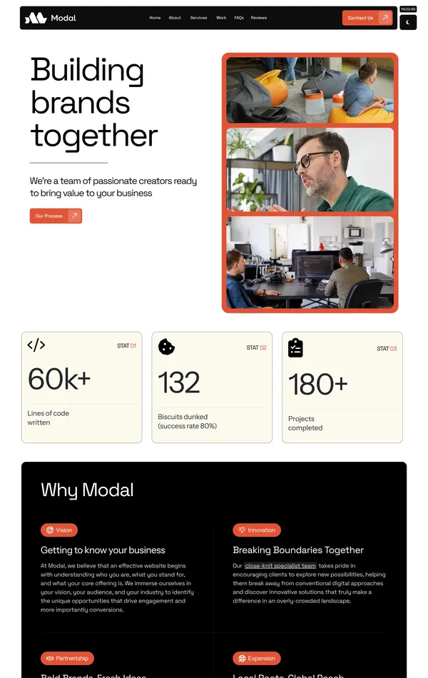 Страница о компании Modal, тематика — Дизайн, Бизнес и профессиональные услуги, цвета — Белый, Черный, Серый, стиль — Корпоративный, Минимализм, типографика — Без засечек