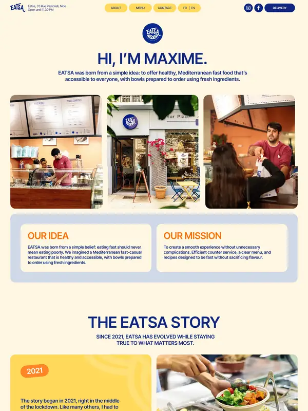 Страница о компании Eatsa, тематика — Еда и напитки, цвета — Белый, Серый, Желтый, стиль — Плоский, Корпоративный, типографика — Без засечек, Декоративные