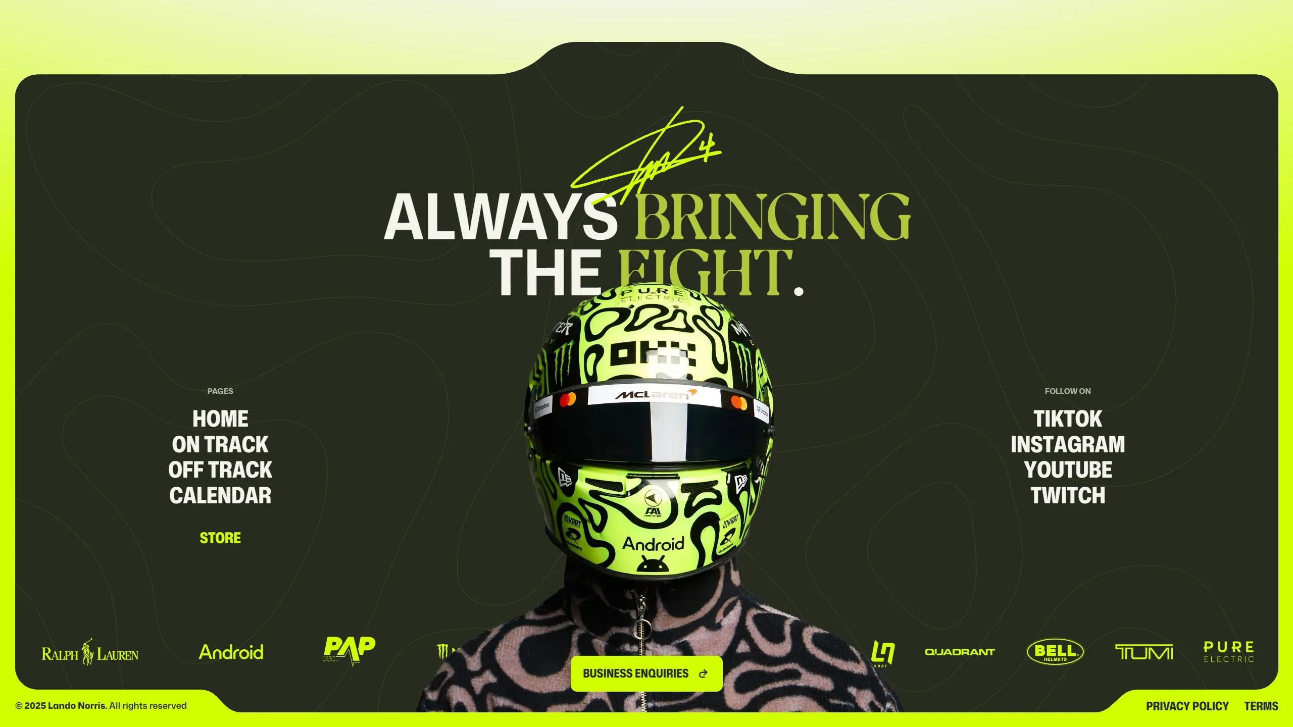 Секция «Футер» с сайта https://landonorris.com/, тематика — Развлечения, цвета — Черный, стиль — Корпоративный, Брутализм, типографика — Без засечек, Рукописные