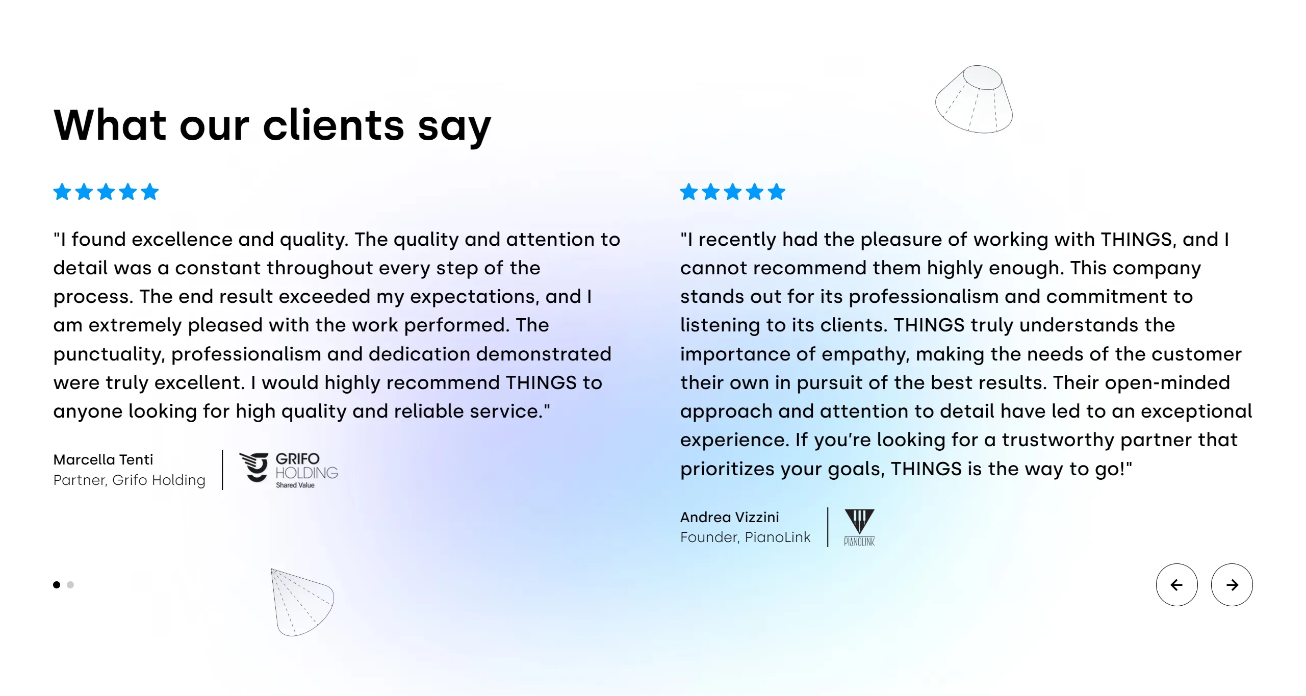 Секция «Отзывы» с сайта https://things.is/, тематика — Дизайн, IT и программное обеспечение, цвета — Белый, стиль — Корпоративный, типографика — Без засечек