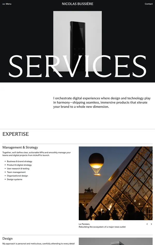 Услуги Nicolas Bussière, тематика — Дизайн, цвета — Белый, Черный, стиль — Корпоративный, Минимализм, типографика — Без засечек