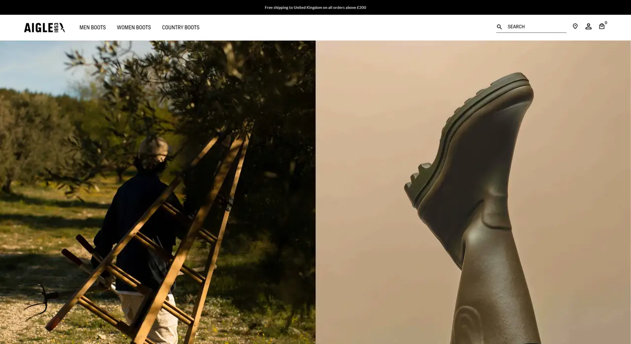 Секция «Первый экран» с сайта https://www.aigle.com/uk/en, тематика — Одежда, цвета — Черный, Серый, Коричневый, стиль — Минимализм, Органический и природный, типографика — Без засечек