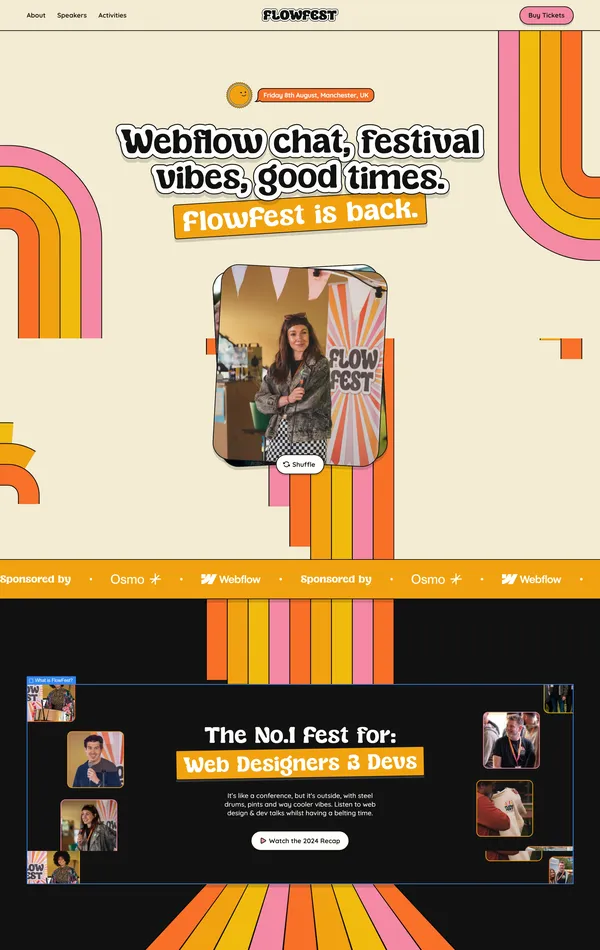 Лендинг FlowFest, тематика — Мероприятия, цвета — Белый, Черный, Серый, Оранжевый, стиль — Фестивальный, типографика — Декоративные, Без засечек