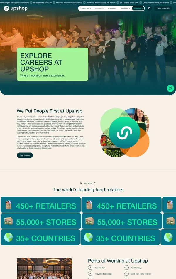 Страница карьеры Upshop, тематика — IT и программное обеспечение, цвета — Белый, Черный, Серый, стиль — Корпоративный, типографика — Без засечек