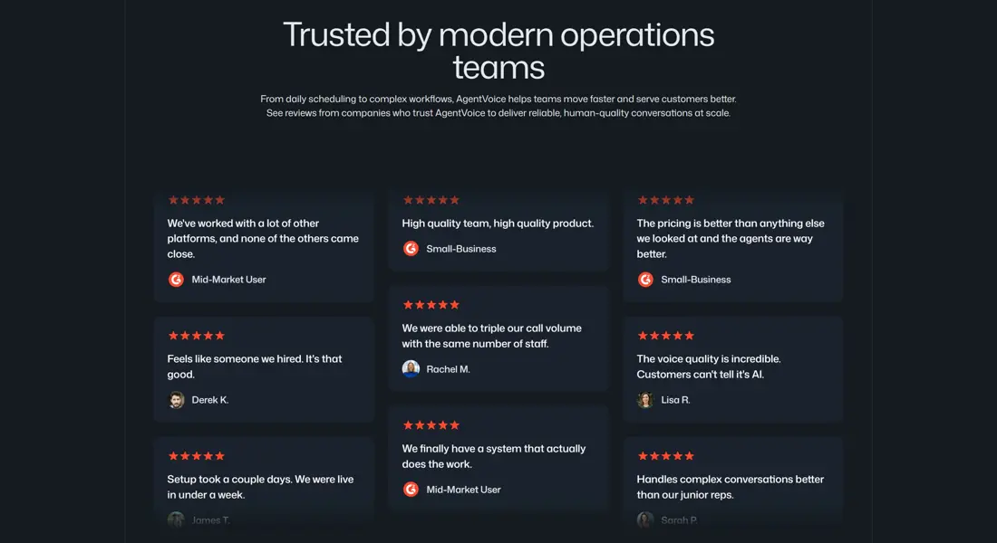 Секция «Отзывы» с сайта https://www.agentvoice.com/, тематика — IT и программное обеспечение, цвета — Черный, стиль — Корпоративный, типографика — Без засечек