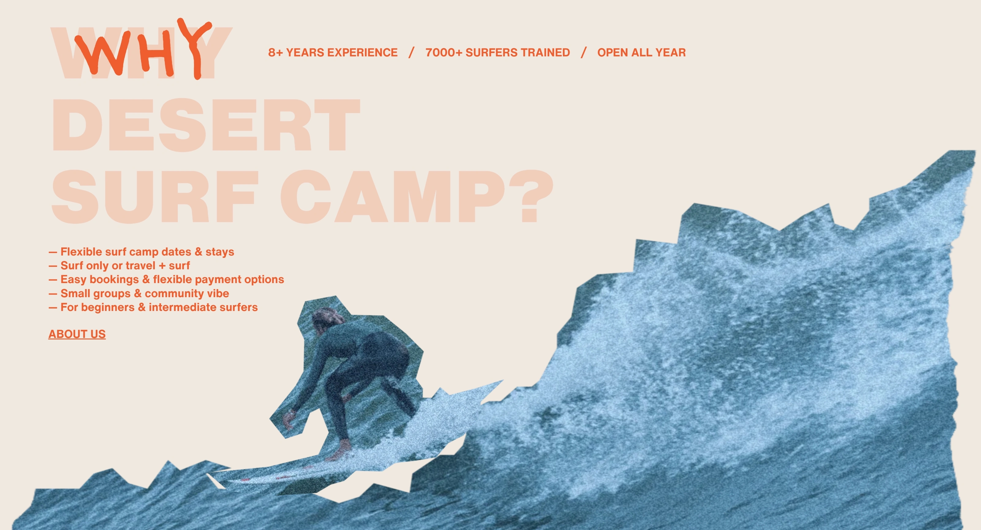 Desert Surf Camp Секция «Преимущества» с сайта https://desertsurfcamp.com/, тематика — Путешествия и туризм, цвета — Белый, Серый, стиль — Брутализм, Гранж, типографика — Без засечек, Рукописные, Декоративные