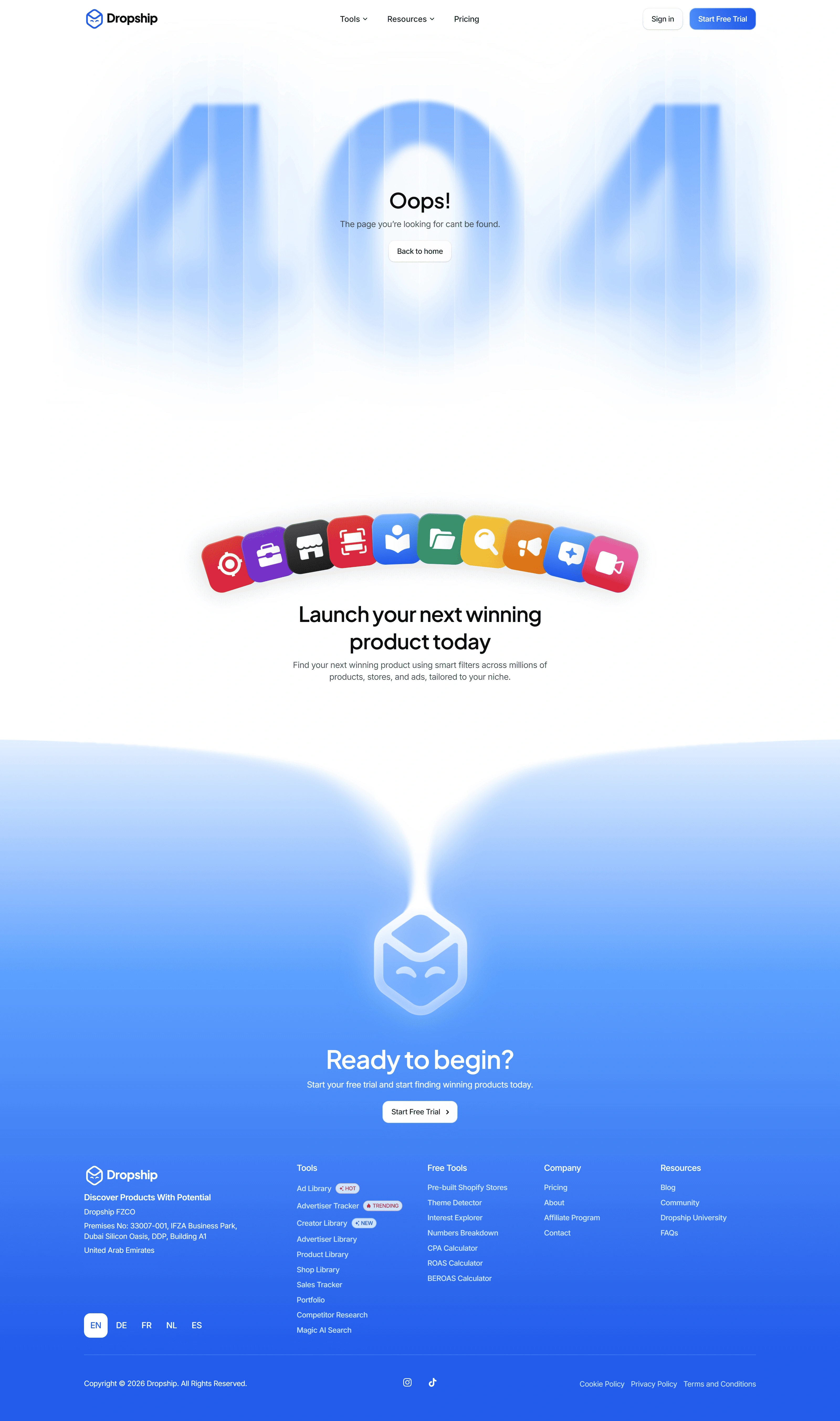 Dropship 404-страница Dropship, тематика — SaaS, цвета — Белый, Синий, стиль — Корпоративный, Минимализм, типографика — Без засечек