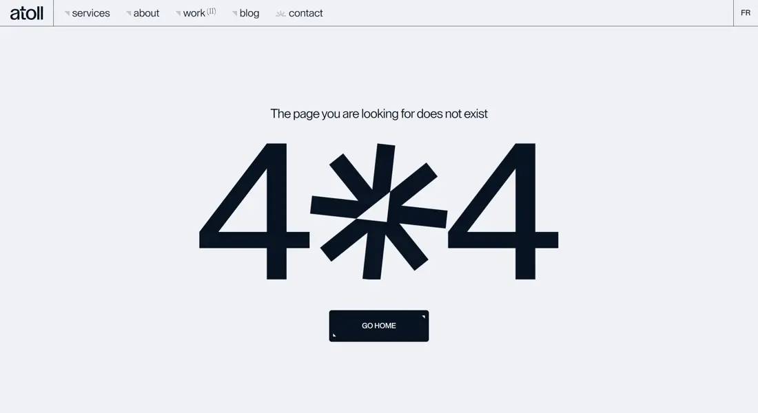 404-страница Atoll Digital, тематика — Агентство , цвета — Белый, стиль — Корпоративный, типографика — Без засечек