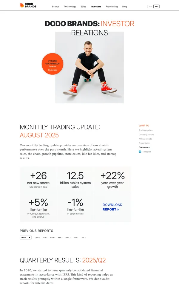 Страница о компании Dodo Pizza, тематика — Еда и напитки, цвета — Белый, стиль — Корпоративный, типографика — Без засечек