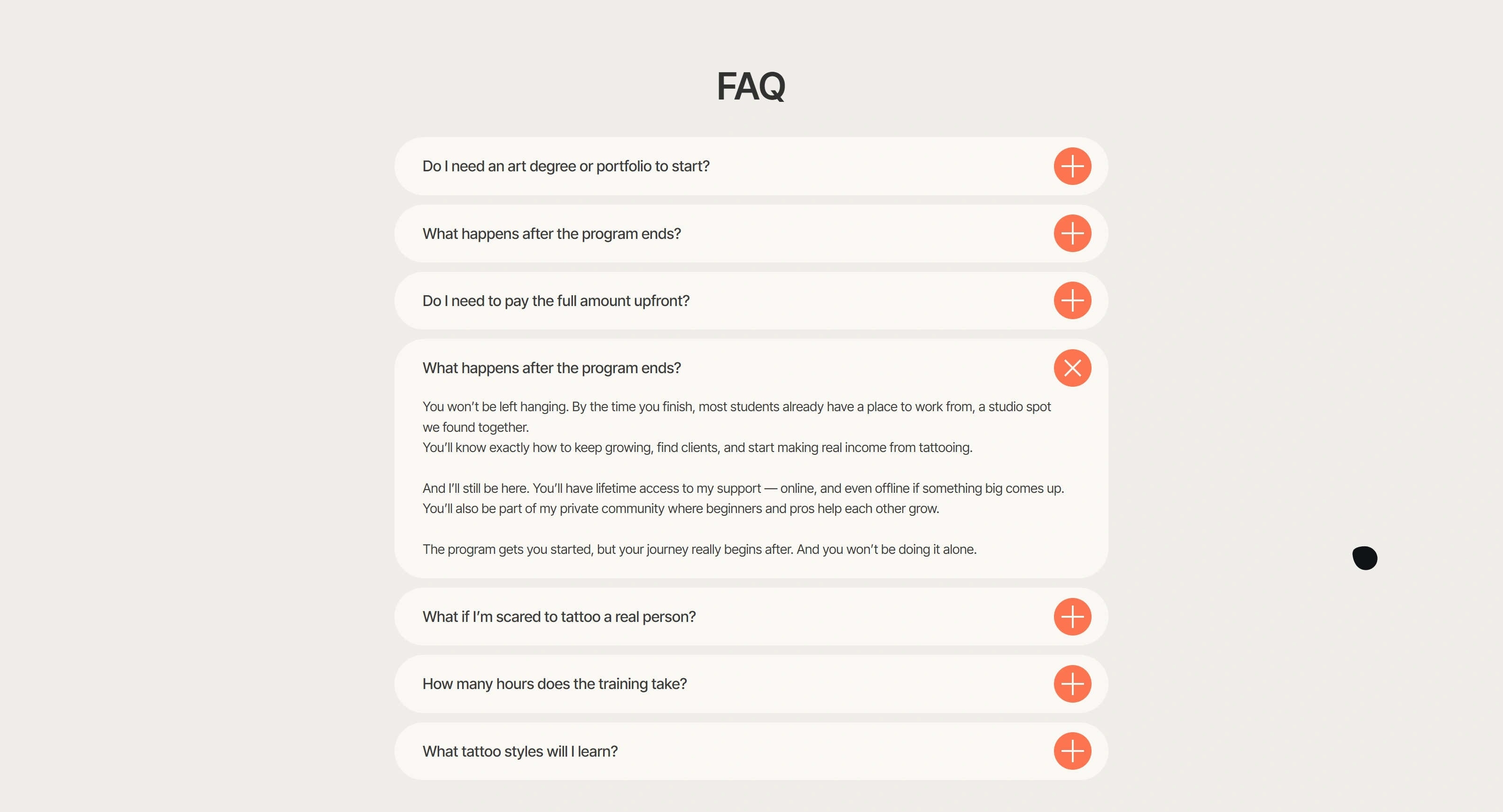 Tattoo Program Секция «FAQ» с сайта https://willrock.ca/, тематика — Образование, цвета — Белый, стиль — Минимализм, типографика — Без засечек