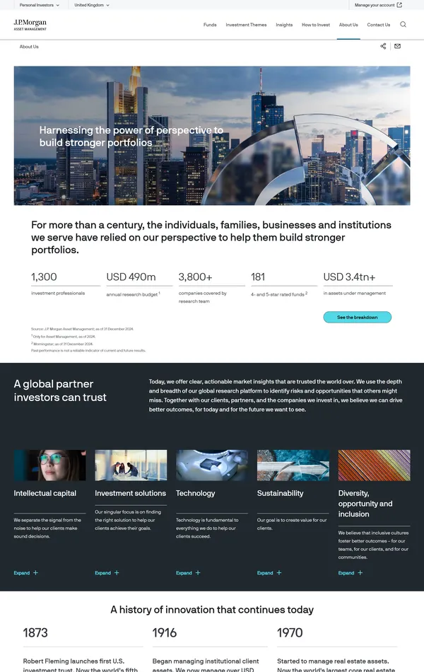 Страница о компании J.P. Morgan Asset Management, тематика — Финансы, цвета — Белый, Черный, Серый, стиль — Корпоративный, типографика — Без засечек