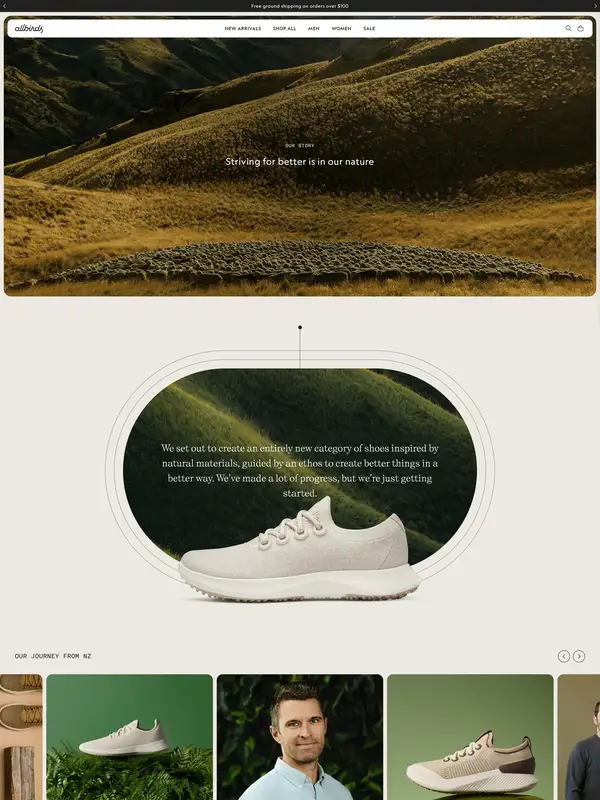 Главная Allbirds, тематика — Одежда, цвета — Белый, Черный, Серый, стиль — Минимализм, Органический и природный, типографика — Без засечек