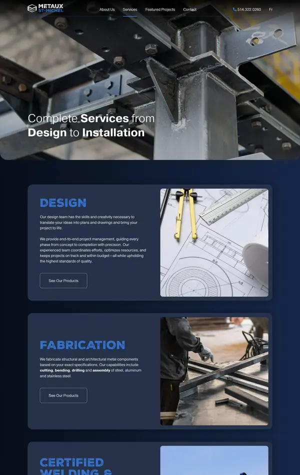 Услуги Metaux Ouvres, тематика — Производство, цвета — Черный, Серый, стиль — Корпоративный, типографика — Без засечек