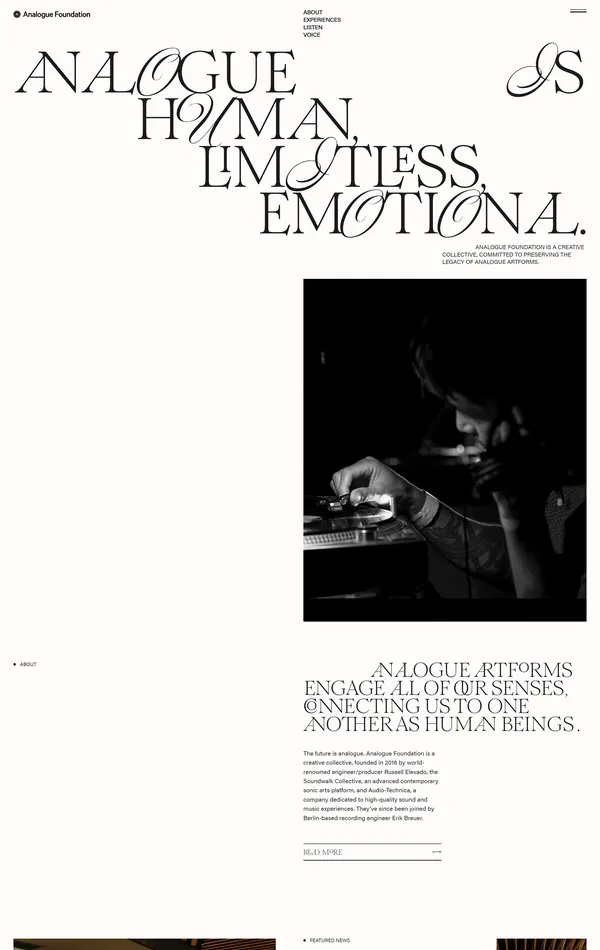 Главная Analogue Foundation, тематика — Музыка, цвета — Белый, Черный, стиль — Минимализм, Типографика, типографика — С засечками, Декоративные